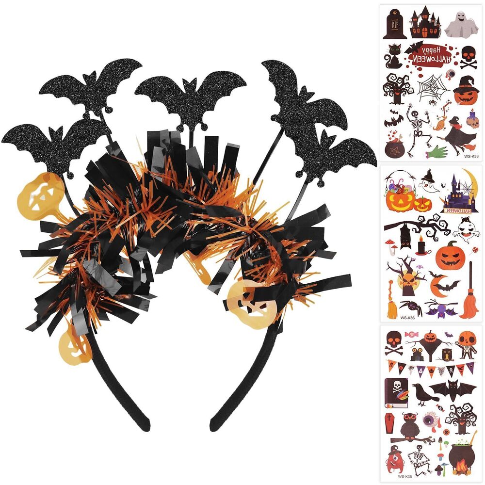 4802 Halloween Headband Bat Headbands with 3 Sheet Temporary Tattoos Cute